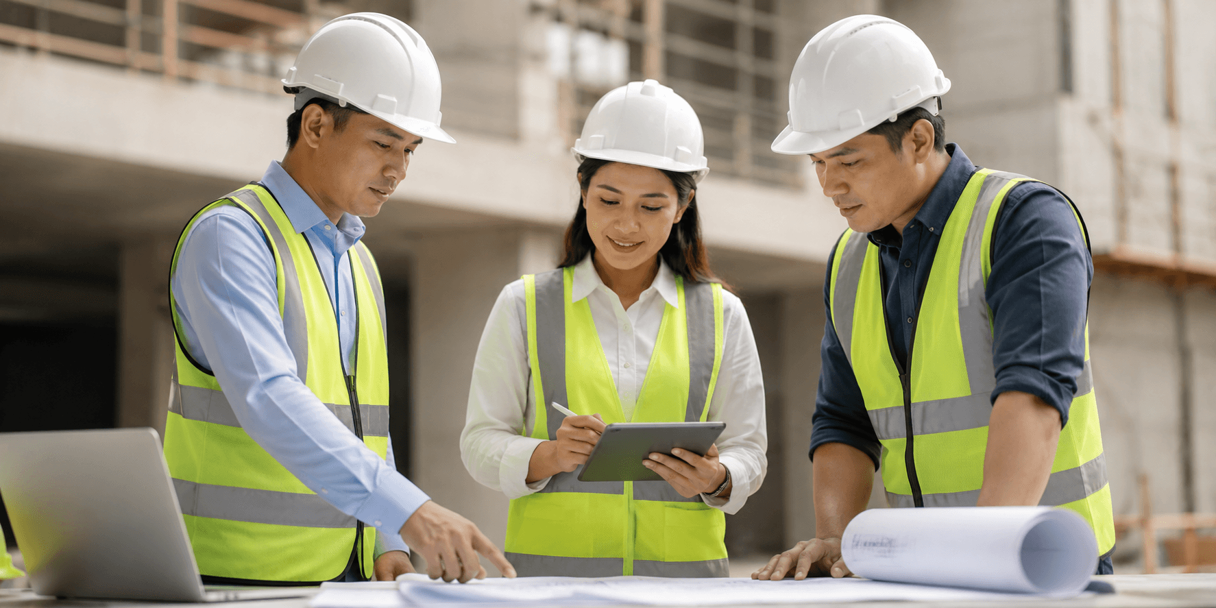 Construction professionals reviewing plans at a project site