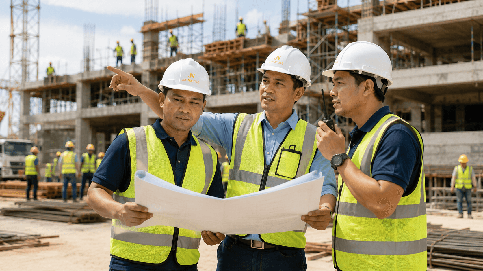 Site supervisors reviewing plans at a construction project
