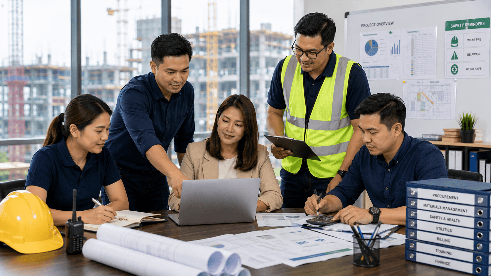 Construction support professionals reviewing project documents in an office