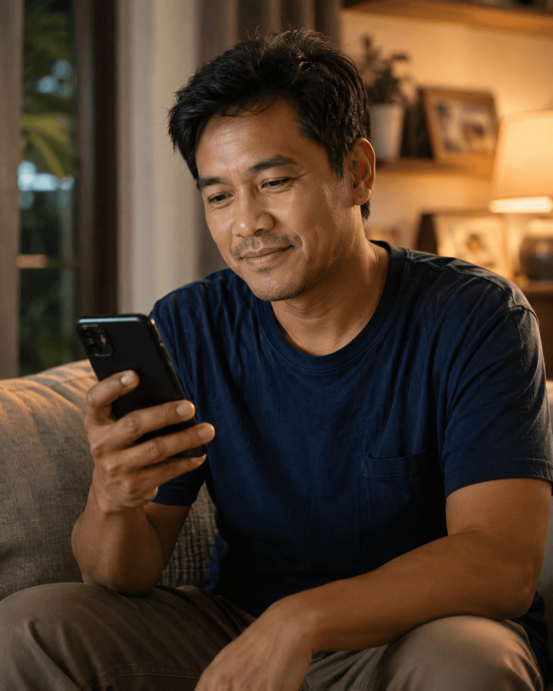 A Filipino professional looking at his phone at home