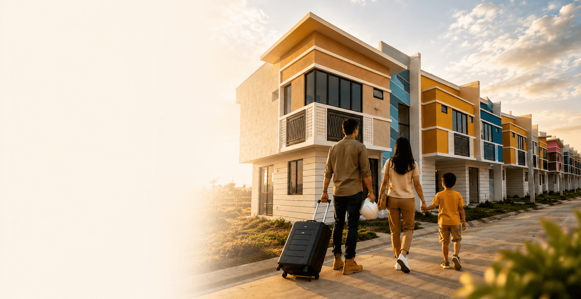 A family walking toward a row of newly built homes