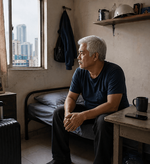 An overseas Filipino worker sitting alone in a modest room
