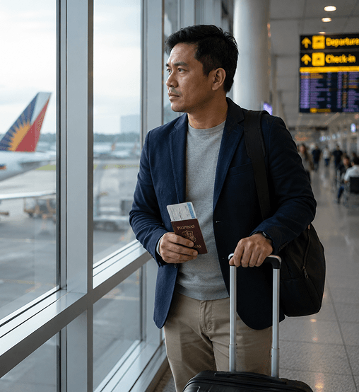 A Filipino traveler holding a passport at an airport